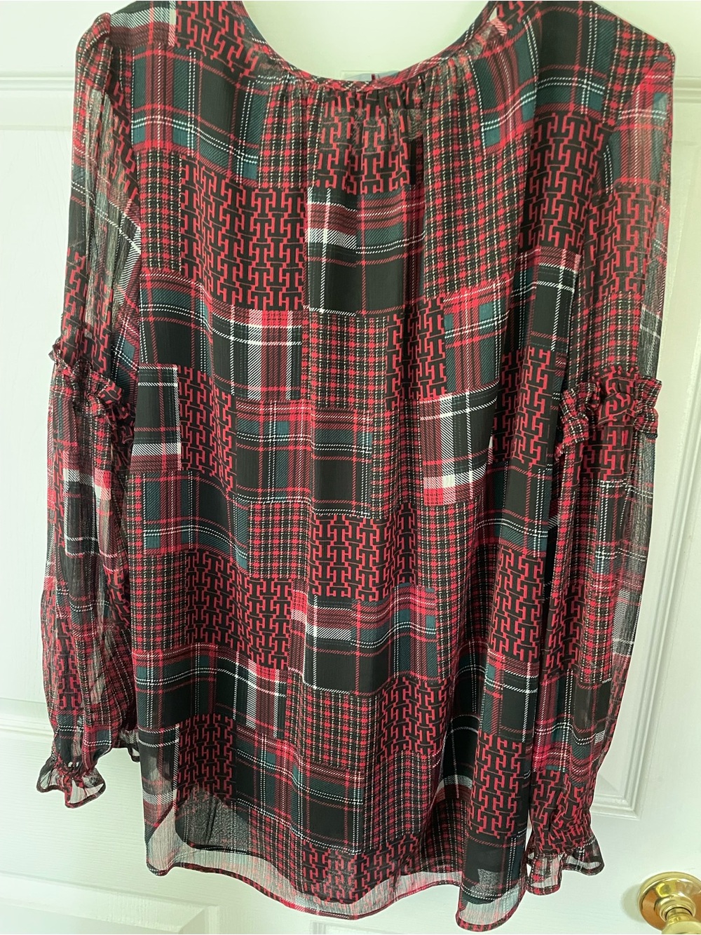 Tommy Hilfiger XL Sheer Patchwork Plaid TH Monogram Ruffle Blouse Red Black